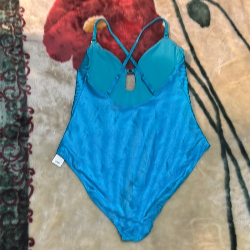 Turquoise Blue One Piece Swimsuit with Plunging Neckline and Cross Back - Picture 3 of 3